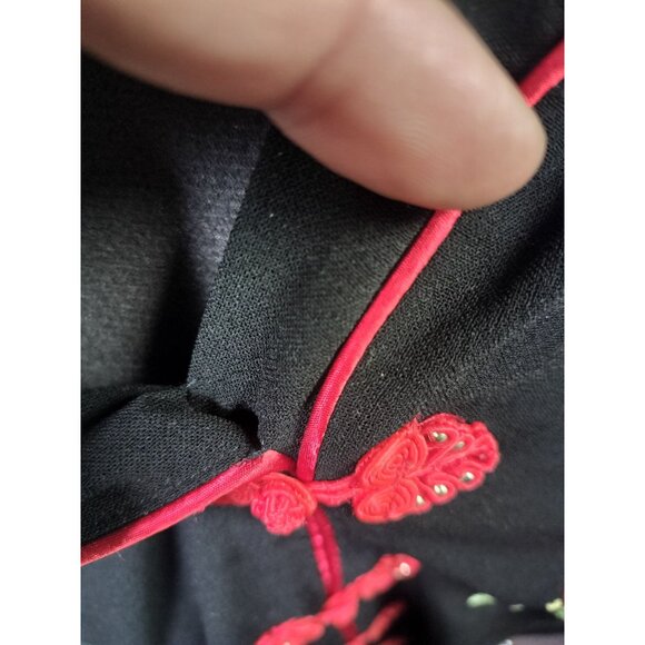 Vintage Black Mandarin Collar Jacket With Red Floral Embroidery & Frog Buttons W - Picture 5 of 6